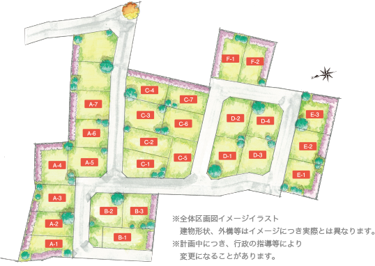 ※全体区画図イメージイラスト建物形状、外構等はイメージにつき実際とは異なります。※計画中につき、行政の指導等により変更になることがあります。